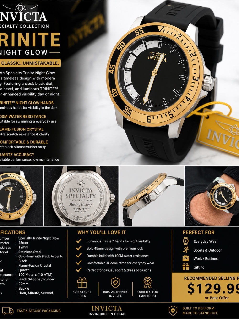 Invicta Black and Gold Silicone Strap Watch